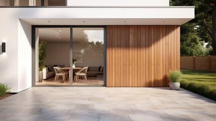 New house with wooden door and empty white signage. 3d rendering of large patio in modern home. - obrazy, fototapety, plakaty