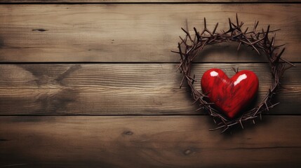 Red paper heart and crown of thorns on a wood background with copy space © HN Works