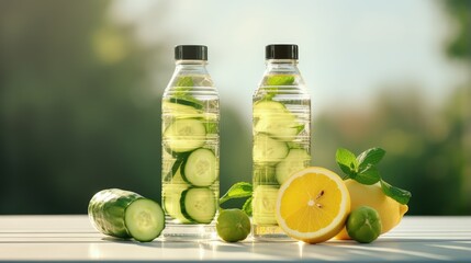 Lemon, cucumber and mint water in glass bottles. Sassy water for detox or dieting with fitness dumbbells in the background. Healthy eating, weight loss, lifestyle concept
