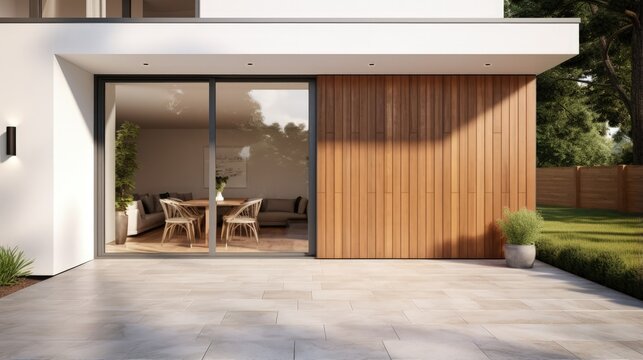 Fototapeta New house with wooden door and empty white signage. 3d rendering of large patio in modern home.