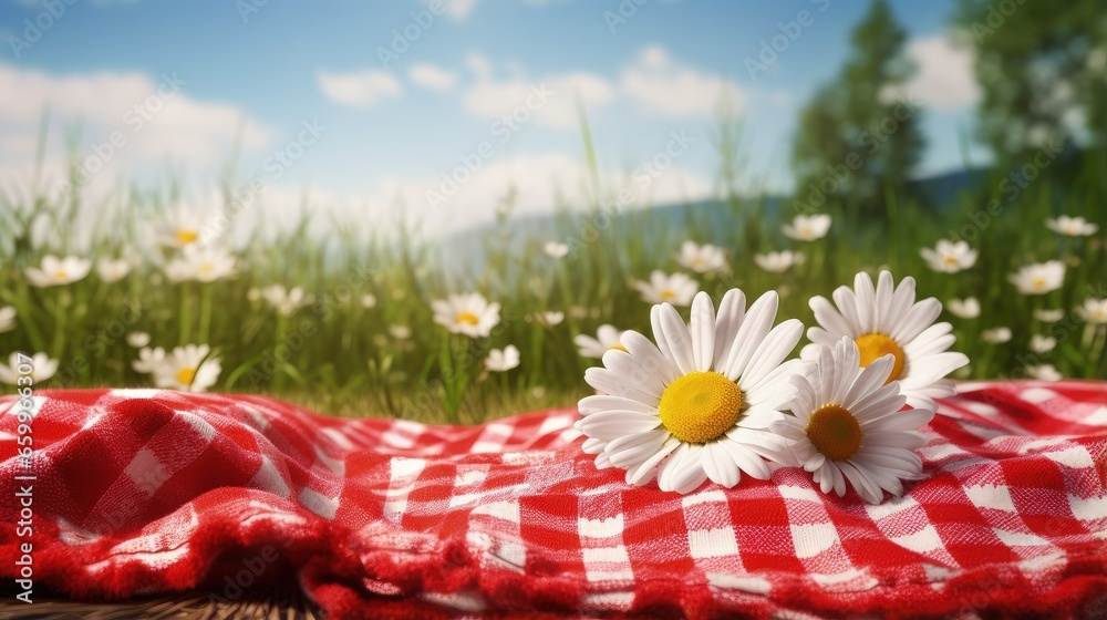 Poster red picnic cloth. red checked picnic blanket on a meadow with daisies in bloom. beautiful backdrop f