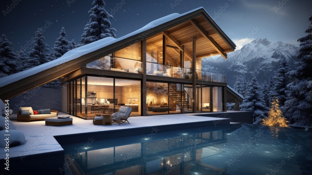 Poster 3d rendering of modern cozy chalet with pool and parking for sale or rent. beautiful forest mountain