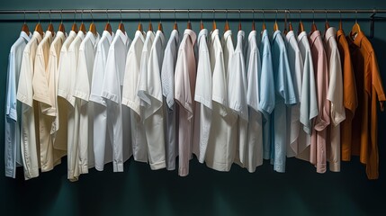 Clean shirts hanging on rack in laundry