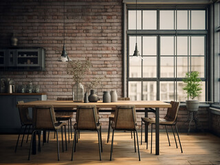 Loft dining room, eclectic furniture design. AI Generation.