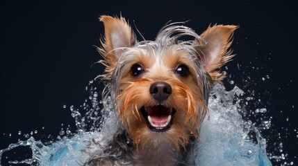 Cute Yorkshire Terrier having bath with foam on head. Smiling dog after bath showing tongue. Pet Grooming concept. Copy space - obrazy, fototapety, plakaty