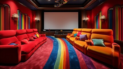 A home cinema with plush rainbow-colored seating and a popcorn machine in bright red.