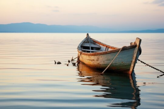 capsized rowboat on calm lake surface