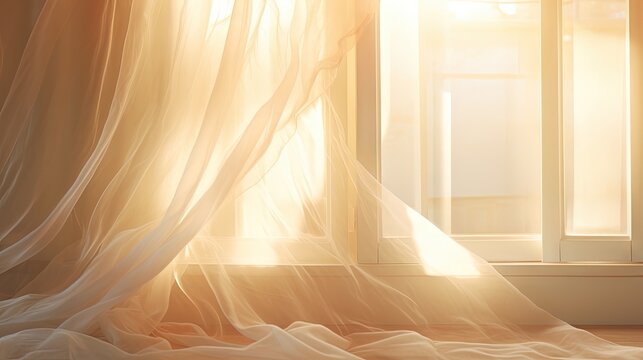 transparent curtain on the window, gently moved by the wind. sunlight. sun's rays shine through the transparent tulle