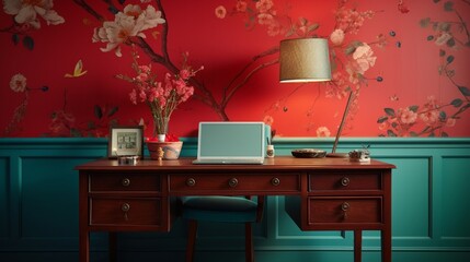 A home office illuminated by a bold red desk against a teal wallpapered backdrop.