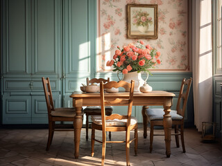 Rustic elegance defines this Provence dining room's interior. AI Generation.
