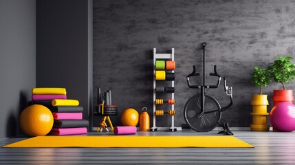 A home gym with equipment in bright pop colors, set against a grayscale backdrop.