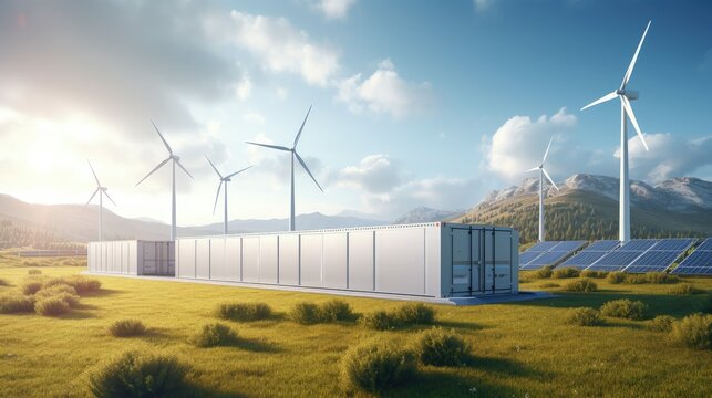 Concept of energy storage system. Renewable energy - photovoltaics, wind turbines and Li-ion battery container in morning fresh nature. 3d rendering.