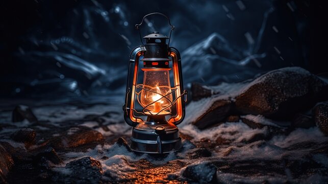 Photo of travel camping led lantern standing on cracked ice surface on dark background.