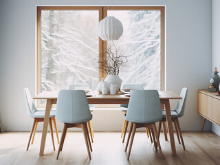 Serene white dining room featuring minimalist design. AI Generation.