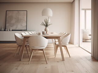 Airy white dining room adorned with tasteful design. AI Generation.
