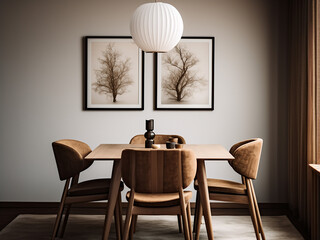 Minimalist dining room, functional furniture, clean interior, perfect for dinner. AI Generation.