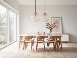 Inviting white dining room with cozy interior and dinner vibes. AI Generation.