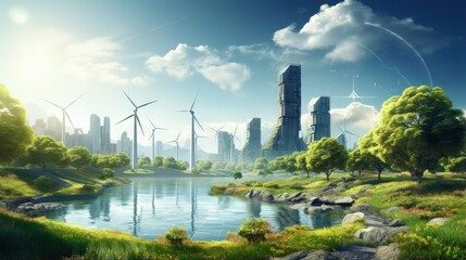 Renewable energy concept, Environmentally sustainability ecological, City on island with forest, Electricity from wind power generators, Solar panels, Green power technology connected to smart urban.