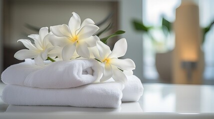 Spa, service hotel and resort concept. White towels and fresh flowers.