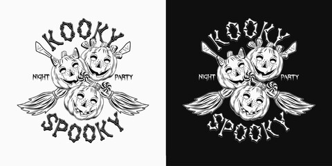 Halloween label with pumpkin heads like happy kids, criss crossed brooms, text Kooky Spooky Night Party. Black and white illustration in vintage style. Not AI