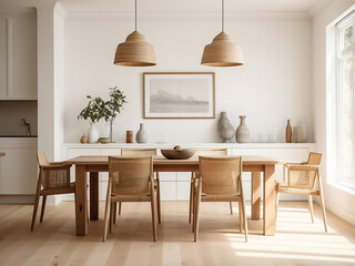 Aesthetic white dining room showcasing elegant furniture. AI Generation.