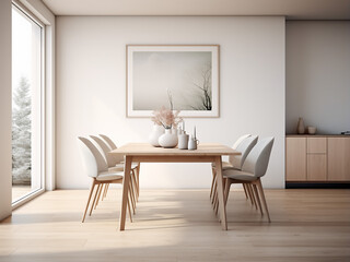 Contemporary white dining room highlighted by sleek furniture. AI Generation.