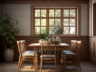 Fototapeta na wymiar Elegant wood dining room with classic furniture, warm interior. AI Generation.