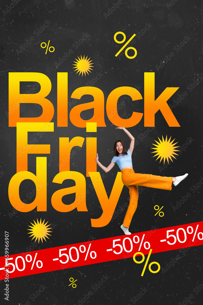 Sticker Magazine template creative collage on black friday event lady advertising incredible discounts