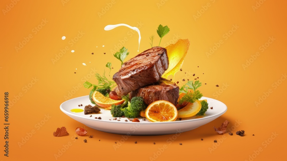 Poster floating white plate with mixed meat grilled and salad on orange gradient background