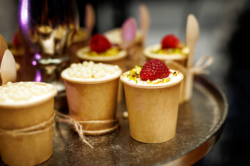 Funfetti Mug Cake with raspberry at an event catering.