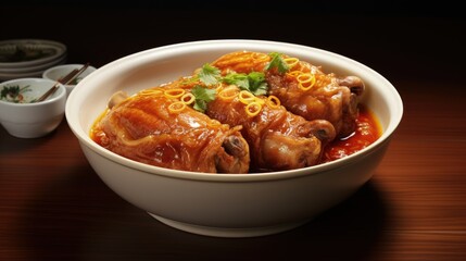 Fototapeta premium Taiwanese traditional food pork knuckle in a white bowl with golden line for Chinese Lunar New Year meal.