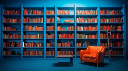 A library with shelves painted in a gradient, transitioning from fiery oranges to cool blues.