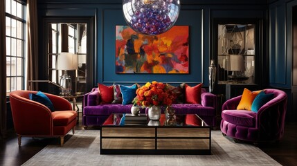 A living room bursting with jewel tones from plush velvet sofas to vibrant draperies.