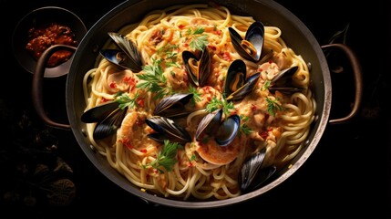 linguine spaghetti pasta vongole white wine sauce - Italian seafood pasta with clams and mussels