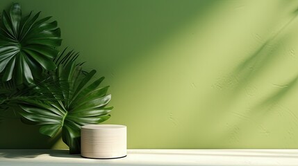 Modern, minimal blank matte paint texture green wall with tropical tree in sunlight, leaf shadow for luxury fresh organic cosmetic, skin care, beauty treatment summer product display background 3D