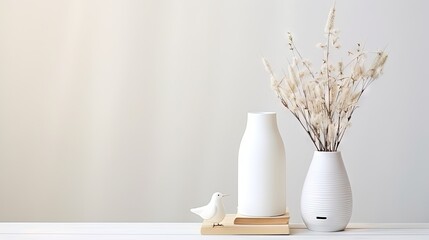 Air humidifier, figurine and vase with dried flowers on the white shelf. Minimalistic Scandinavian interior. Selecive focus, copy space