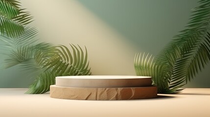 3D wooden podium display with leaf shadow. Copy space green background. Cosmetics or beauty product promotion mockup. Natural stone step pedestal. Trendy minimalist banner, 3D render illustration.
