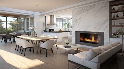 contemporary living room with open concept view through to dining room kitchen and a marble fireplace with gas fire