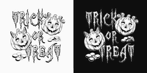 Halloween square label with pumpkin heads like happy kids, traditional candy, big text Trick or Treat. Black and white, monochrome illustration in vintage style. Not AI