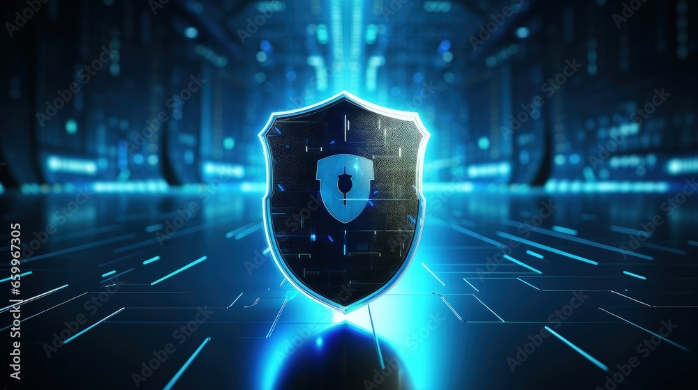 Poster Cyber Security, Digital Data Network Protection, Future Technology Digital Data Global Network Connection Background Concept with Shield Icon. 3d rendering