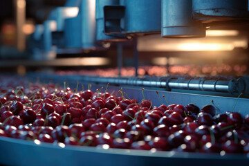 Red ripe cherries on a wet conveyor belt in a fruit packing warehouse 