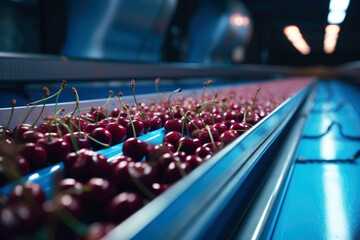 Red ripe cherries on a wet conveyor belt in a fruit packing warehouse 