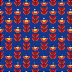 Pattern of orange flowers with red leaves on blue background. 