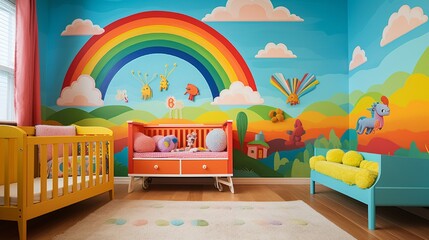 A nursery adorned with a rainbow mural, and furniture in various primary shades. - obrazy, fototapety, plakaty