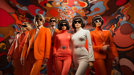 Swinging sixties scene. A stylish mod group of girls and guys striking a pose in a low-angle photoshoot. Band or gang from the retro era