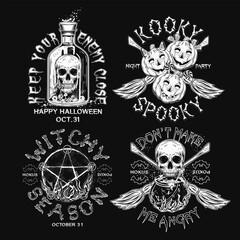 Obraz premium Labels with cauldron, bottle with potion, skull, criss crossed brooms, pumpkin heads like happy kids, pentagram sign, text. Black and white witchy illustrations on black background in vintage style