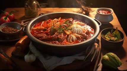 korean food, spicy meat pot on the table