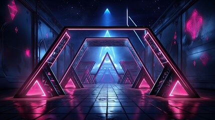Neon pink frame on dark scene with neon blue and pink triangles around