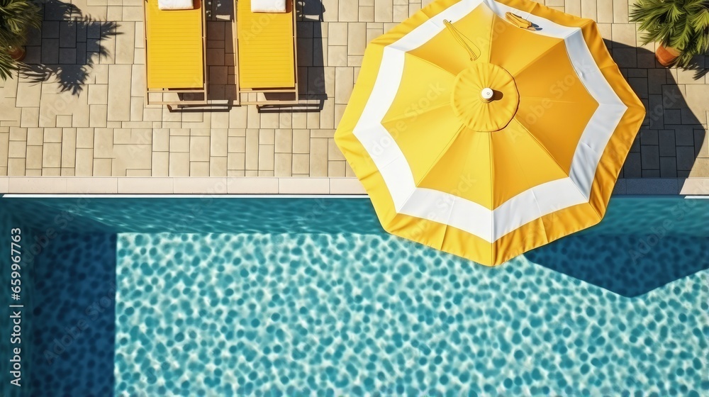 Poster top view swimming pool with yellow beach umbrella and chairs. summer vacation concept. 3d rendering