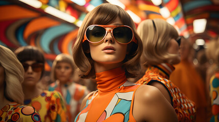 1960s groovy psychedelic mod group or retro girls in iconic chic style. Kitch 60s fashion and sunglasses